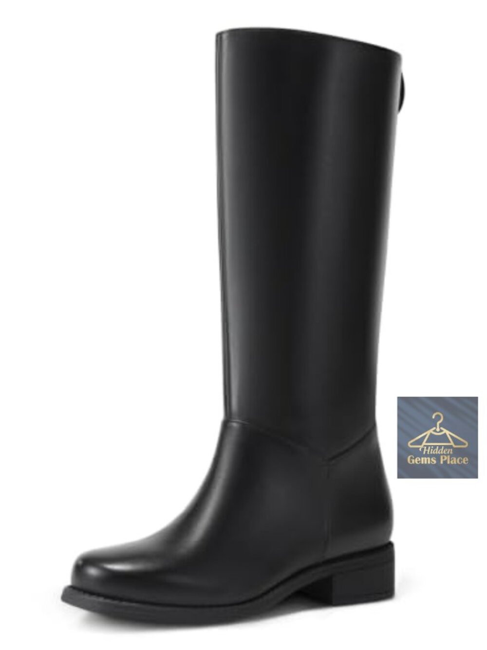 Mid Calf Boots Square Toe Chunky Low Heel Pull On Faux Leather Riding Boots
